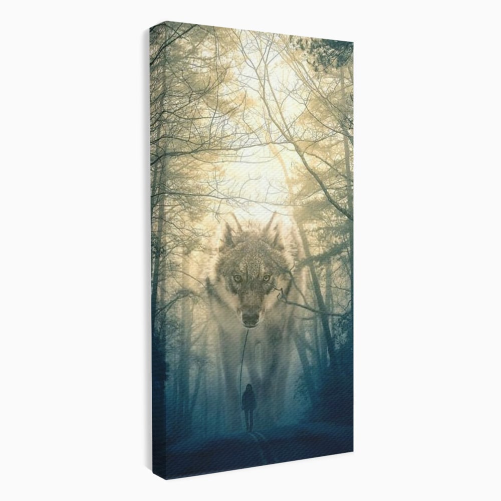 Tablou canvas cu ilustratie digitala cu un lup gigant si o silueta umana, fara rama, pe sasiu de lemn